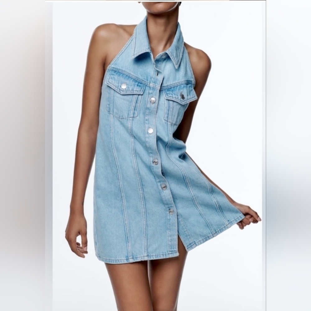 ZARA DENIM HALTER NECK DRESS Small
